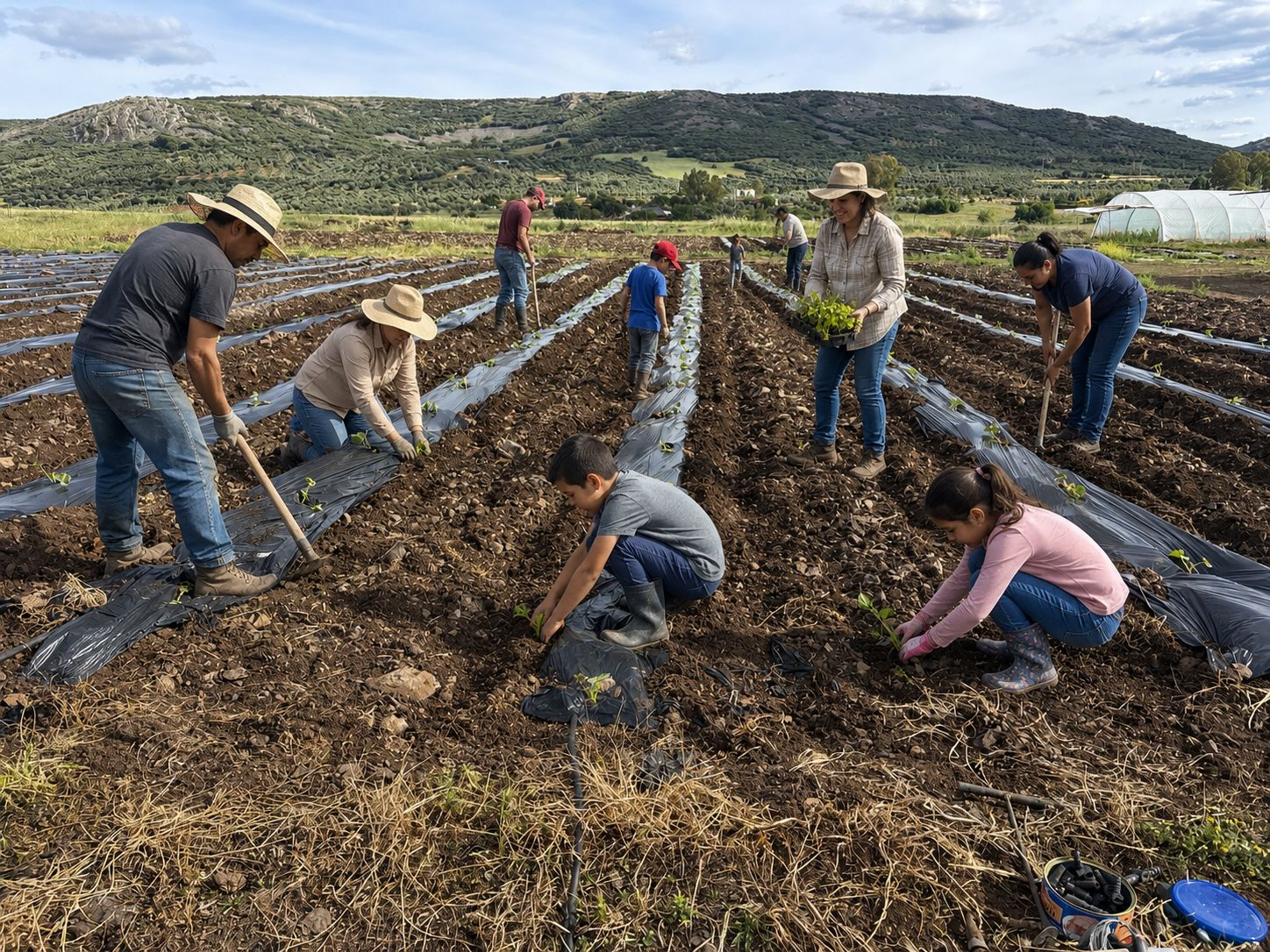 Familia plantando en el huerto